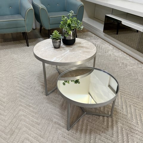 Conjunto Mesa de Centro Redonda Dallas Marmo Areia com Espelho - Prata