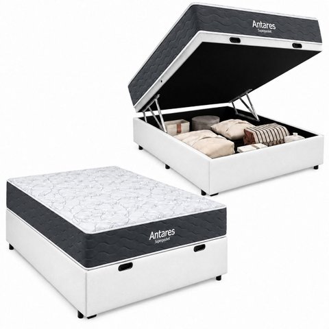 Cama Box Baú Airtech Antares Casal + Colchão de Molas Ensacadas - Ortobom - Spring - 138x188x67cm