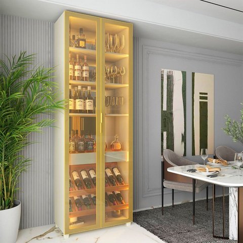 Cristaleira Bar 2 Portas Reflecta Mdf com Pés e Led com Espelho Prisma