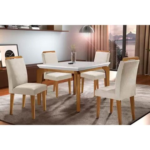 Conjunto: Mesa de Cozinha Londrina Tampo Madeirado C/ Vidro 120x80cm e 4 Cadeiras Athenas Capuccino/