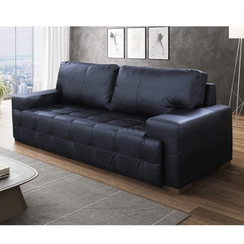 Sofá 3 Lugares Couro 230cm Preto Roma Classico Pés Madeira 