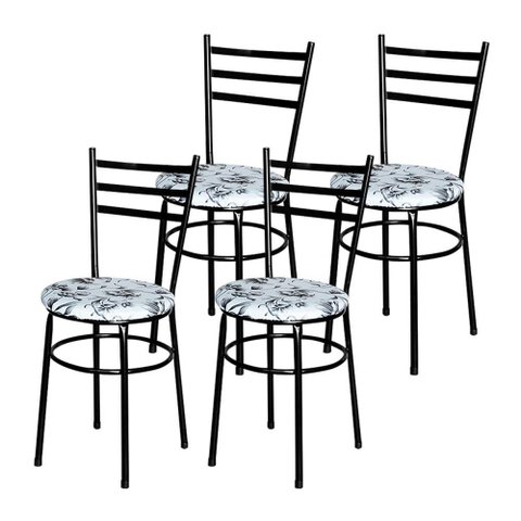 4 Cadeiras para Cozinha Epoxi Preta Assento Floral Cor:floral Branco