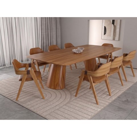 Sala de Jantar Santorini 220cm com 8 Cadeiras Madeira Maciça Ravena Cinamomo Courino Terracota