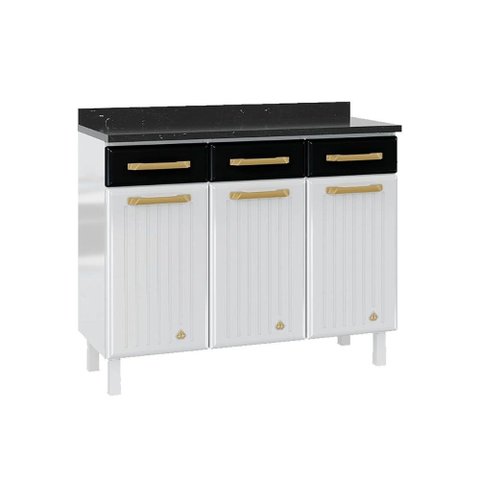 Gabinete de Cozinha Modulado Balcão Diamante 3 Portas e 3 Gavetas c/ Tampo 105cm Branco/Preto -