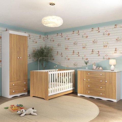 Quarto de Bebê Completo com Berço Americano 3 em 1 Realeza Multimóveis Mp4595 Branco/madeirado