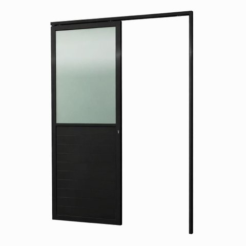 Porta de Correr Alumínio Preto Parede 1 Folha Lambril c/Visor Maxx - 215x95