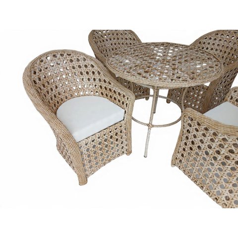 Jogo de Mesa Redonda com 4 Cadeiras, Jardim Varanda Área Externa Fibra Sintética Cor Palha Natural
