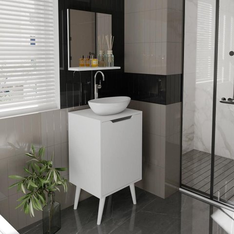 Kit Banheiro Balcão Gabinete e Espelheira Branco - Tecno