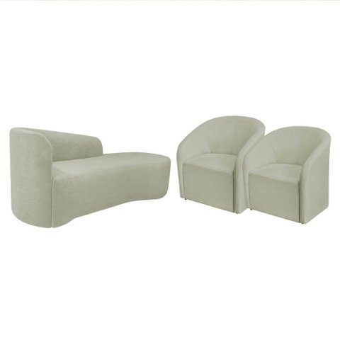Kit Sofá Curvo França 140cm Ld. e 2 Poltronas Luiza Max Conforto, Bouclé Verde Oliva
