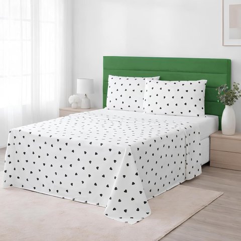 Jg Lençol King 4 Peças 100% Algodão 230 Fios Corações 50cm Preto e Fundo Branco