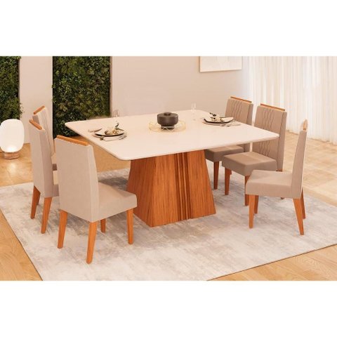 Sala de Jantar Completa Itália C/ Tampo Madeirado C/ Vidro Curvo 136x136cm e 6 Cadeiras Lia Freijo/