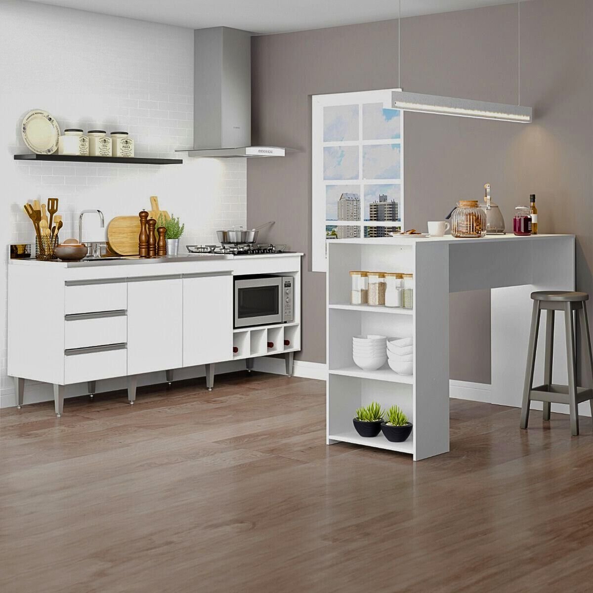 Kit Cozinha Apartamento Balcão Pia e Cooktop + Bancada Ilha Mdp Branco 2035 Menu