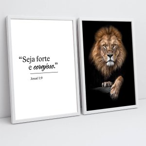 Kit 2 Quadros Decorativos para Sala Leão de Judá Seja Forte e Corajoso com Moldura Escritório Quarto