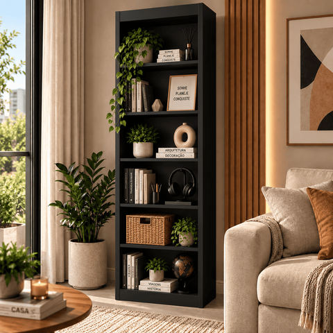 Estante Livreiro Multiuso 6 Nichos em MDF para Livros Sala Quarto Escritório 180cm - Preto