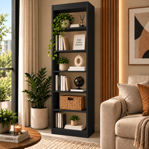 Estante Livreiro Multiuso 6 Nichos em MDF para Livros Sala Quarto Escritório 180cm - Preto