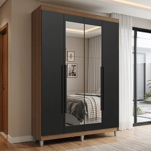 Guarda-Roupa Solteiro com Pés 4 Portas Batentes com Espelho Rustic/Preto/Preto Venus Madesa