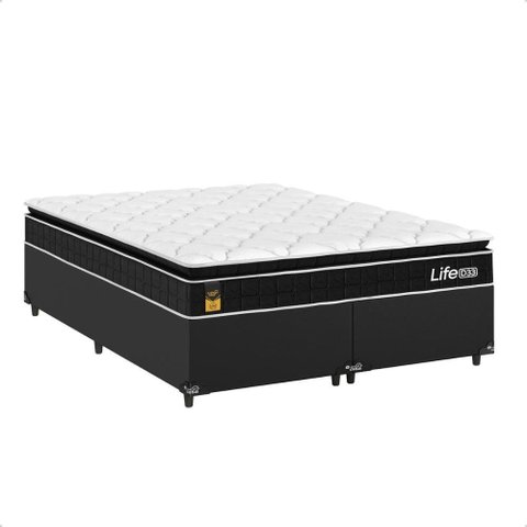 Cama Box Casal Bipartido Couro Preto + Colchão Life D33 Pillow Top Preto 56x138x188cm - e-Shop