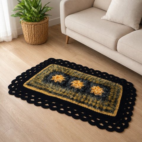 Tapete de Crochê Luxo Amarelo Preto Artesanal 100x60 Sala Quarto