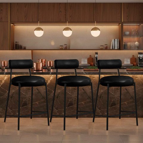 Banqueta Cozinha Alta com Encosto Kit 3 Industrial Preto Londres PU Facto D03 - D'Rossi