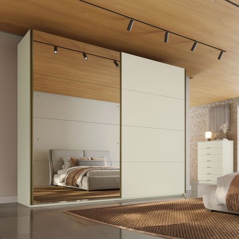Guarda-Roupa Casal Hanover 2 Portas 6 Gavetas 100% MDF com Espelho Flex Off White/Peroba - Mademarqu