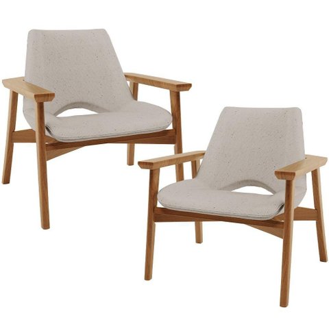 Kit 02 Poltronas Decorativa para Sala de Estar Living Base Madeira Becker L02 Linho Bege - Lyam