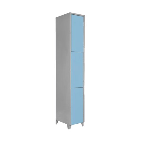 Armário Roupeiro de Aço Vestiário Academia 3 Portas Locker Azul Claro com Chave