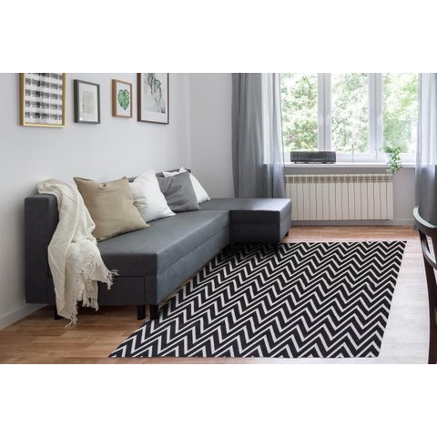 Tapete Para Sala ou Quarto 1,50M x 1,32M Antiderrapante Chevron Zig Zag Preto e Cinza