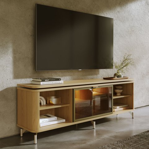 Rack para TV até 75” 1 Porta com Vidro Reflecta e LED Lincoln Float 169 cm - Carvalho c/ Champanhe