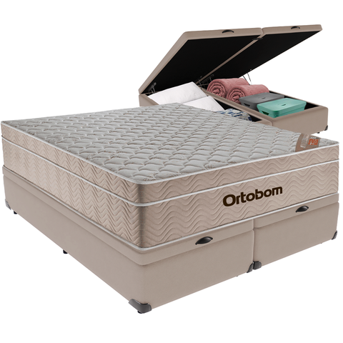 Cama Box Baú e Colchão Airtech Springpocket Molas Ensacadas Queen Ortobom: Bege