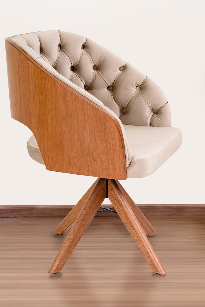 Poltrona Decorativa Mari Laminada Pé Giratório de Madeira Capitonê Cor:bege