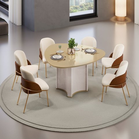Conjunto Sala de Jantar Mesa Chanel Tampo Orgânico com Vidro 136cm com 6 Cadeiras Vitta Bege/Off White/Dourado/Terracota/Pérola