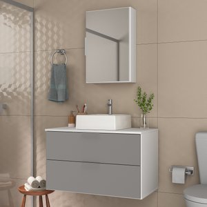 Kit Gabinete Banheiro Rubi 80cm - Gabinete + Cuba + Espelheira - Madeirado/ Cinza