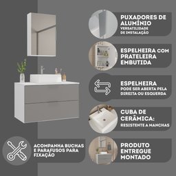 Kit Gabinete Banheiro Rubi 80cm - Gabinete + Cuba + Espelheira - Madeirado/ Cinza - 6