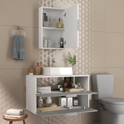 Kit Gabinete Banheiro Rubi 80cm - Gabinete + Cuba + Espelheira - Madeirado/ Cinza - 2