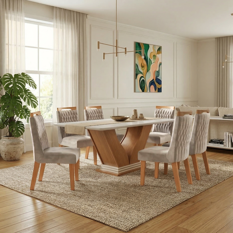 Sala de Jantar 6 Cadeiras Estofadas Atena e Mesa com Tampo MDF e Vidro Safira Cinamomo/Off White Beg