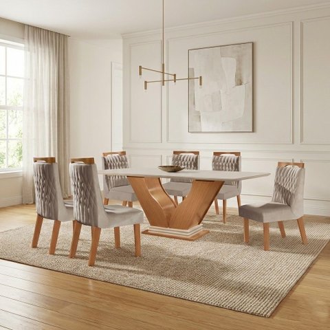 Conjunto Sala De Jantar Mesa Com Tampo De Vidro Safira 6 Cadeiras Atena 
