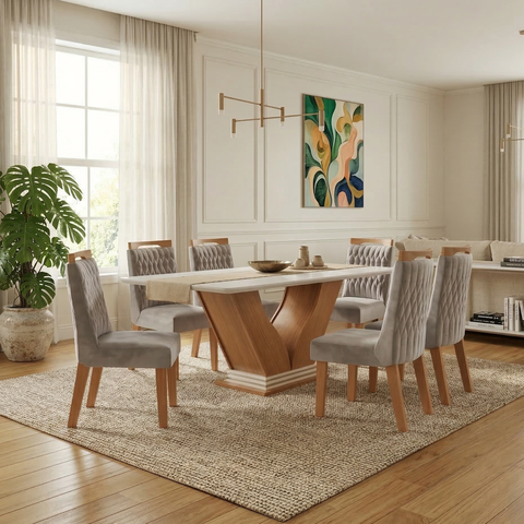 Sala de Jantar 6 Cadeiras Estofadas Atena e Mesa com Tampo MDF e Vidro Safira Cinamomo/Off White