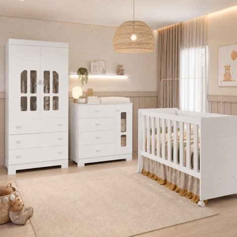 Quarto Completo para Quarto de Bebê Berço 3 em 1, Guarda-Roupa 2 Portas, Cômoda Sapateira 100% MDF