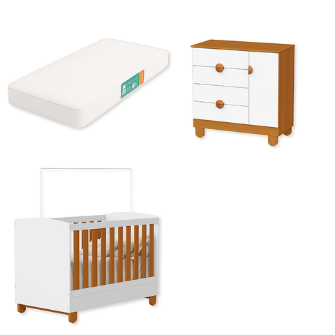 Quarto de Bebe Berço Americano + Comoda Infantil Apolo com Colchão Branco  Savana