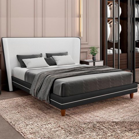Cama Japonesa com Cabeceira Corea Casal Courino Preto / Bouclê Suave Off White - Sallar Home