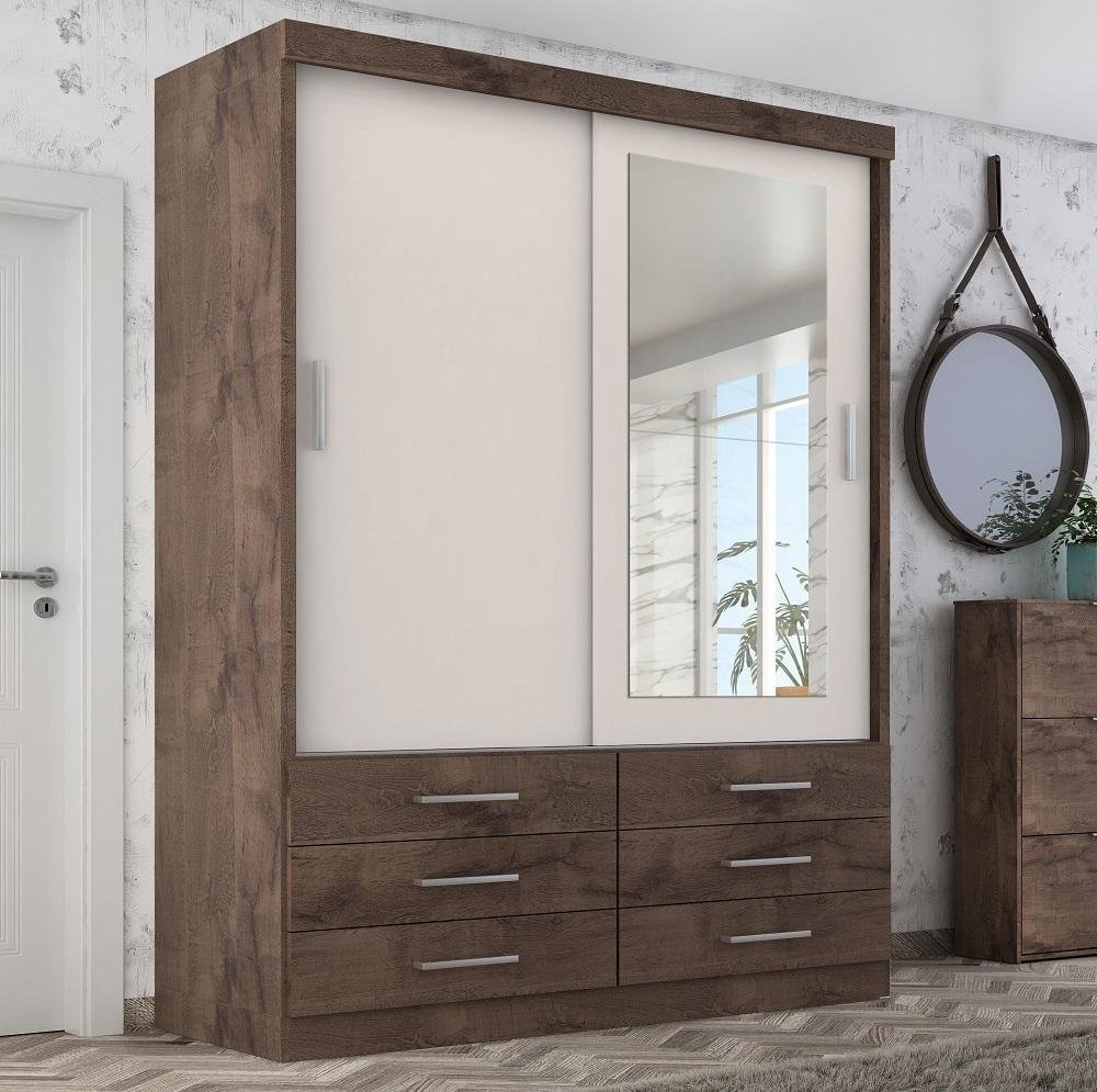 Guarda Roupa Solteiro Capri 2 Portas 6 Gav C/ Espelho Chocolate/off White