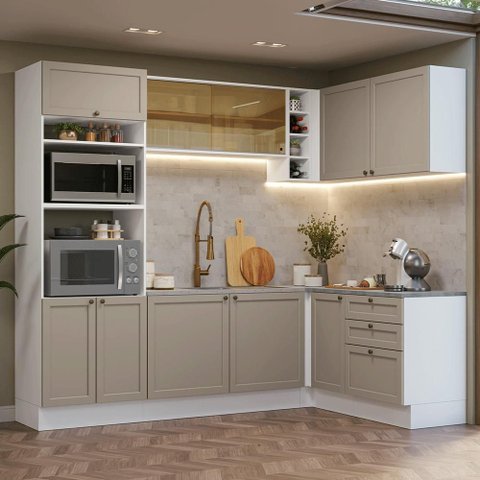 Armário de Cozinha Completa de Canto 399 Cm Branco/crema Vik Madesa 02
