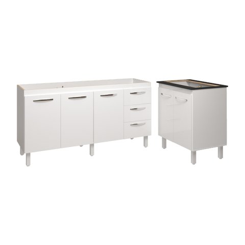 Cozinha Balcão Armário Gabinete de Pia 150 Cm Deise e Balcão Fran para Fogão Cooktop 5 Bocas Branco