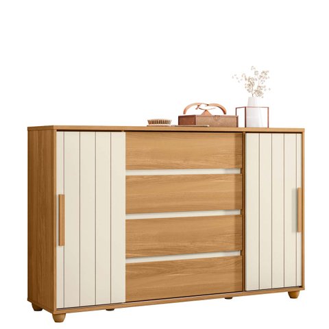 Cômoda 2 Portas Correr 4 Gavetas Flex para Quarto Casal Carvalho Grife/off White