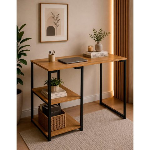 Mesa de Apoio Escrivaninha com Estante Prateleira Nic 900 mm Cor:Preto/Naturale