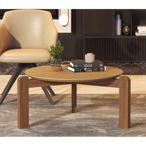 Mesa de Centro Decorativa Redonda Austria Tampo Canela Base em Madeira