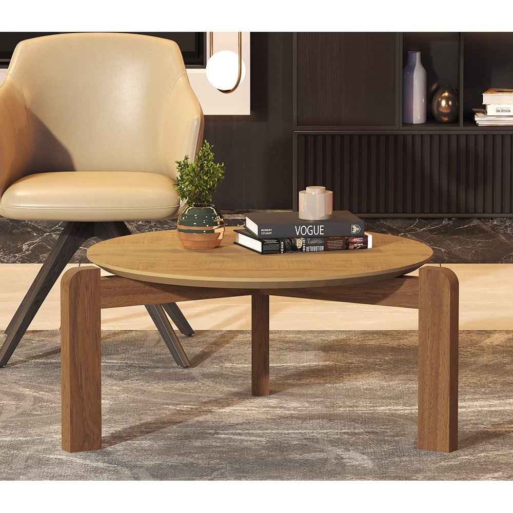 Mesa de Centro Decorativa Redonda Austria Tampo Canela Base em Madeira