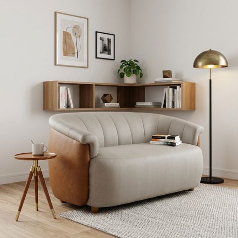 Namoradeira Marselha Orgânica 150cm Compôse Courino Caramelo Linho Bege Elegante Resistente Confortá