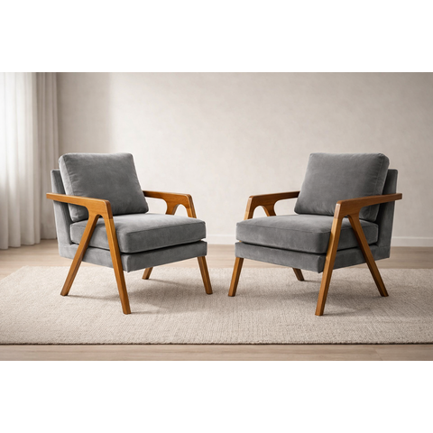 Kit 2 Poltronas Mona Luxo Madeira Maciça Veludo Cinza para Sala de Estar Decorativa Moderna