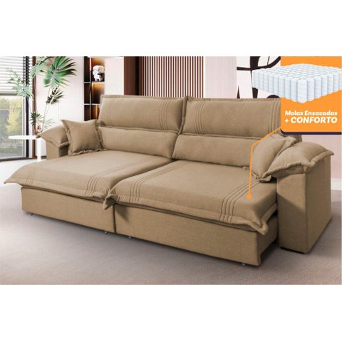 Sofá Retrátil Reclinável 2,50m Nivus Bege C/ Molas Ensacadas - King House
